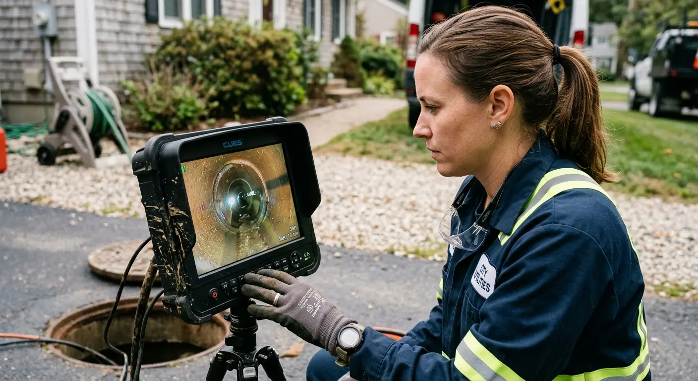Technician reviewing sewer camera inspection footage in Garden Acres