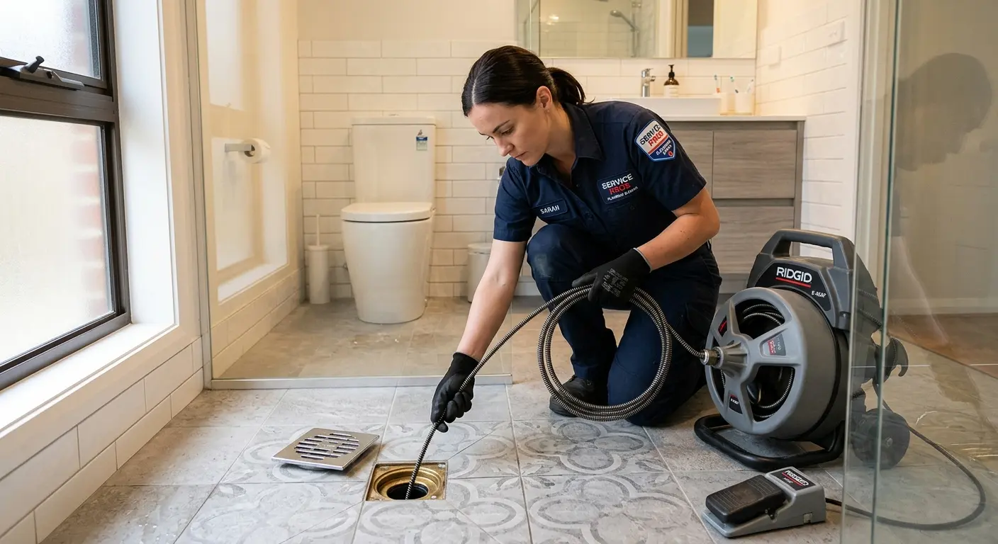 Technician clearing a bathroom floor drain for Drain Cleaning in Garden Acres